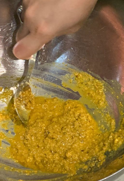 Step 1.1: Marinate the fish with ginger garlic paste, coriander powder, cumin powder (roasted and coarsely ground), turmeric, garam masala, salt and lemon juice