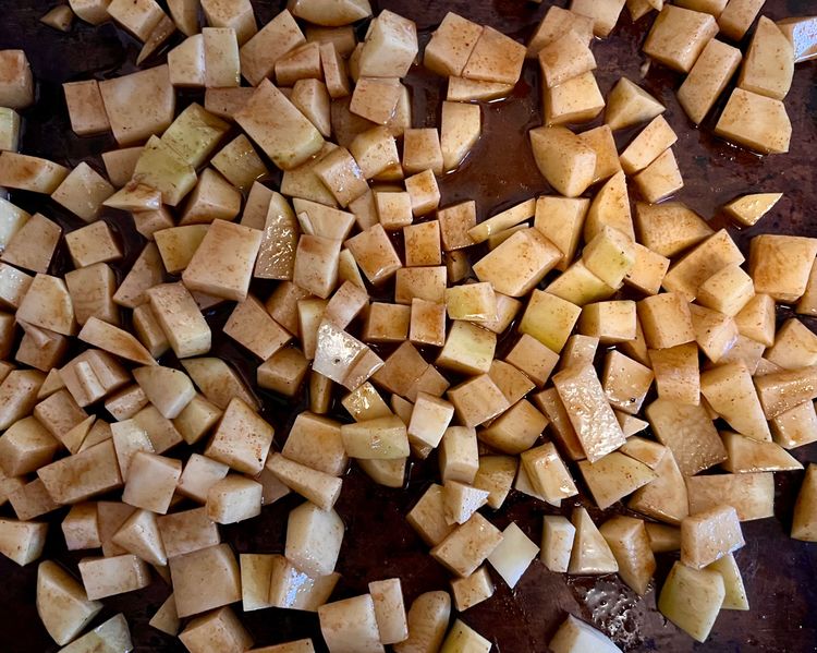 Step 1.1: Place on a baking sheet and roast in the oven for 25 minutes, or until they’re fully cooked, stirring them halfway