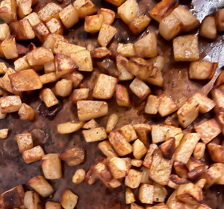Step 1.2: Place on a baking sheet and roast in the oven for 25 minutes, or until they’re fully cooked, stirring them halfway