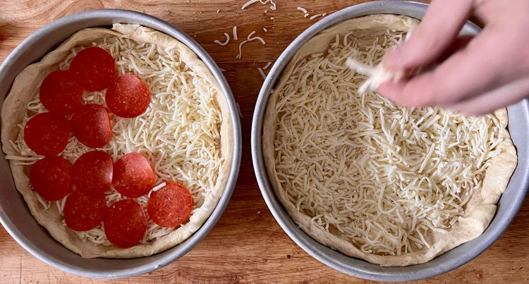 Step 1.1: Unlike other pizzas, deep dish starts with the cheese on the bottom