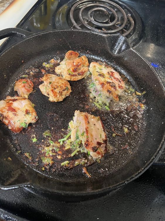 Step 1.2: In a nonstick or cast iron pan, add unsalted butter and place chicken thighs in the pan