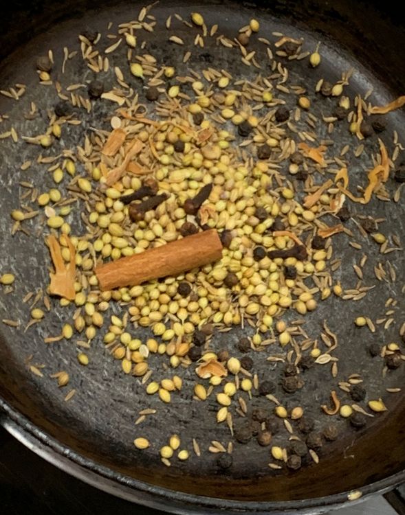 Step 1.1: Heat a pan over medium heat and dry roast cumin seeds, coriander seeds, black peppercorns, cloves and cinnamon until they change colour and release a pleasant aroma