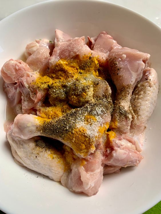 Step 1.1: Mix with ginger-garlic paste, turmeric, black pepper, salt, and lemon juice