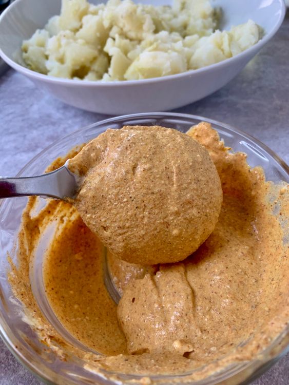 Step 1.2: In a small bowl, whisk curd with turmeric, coriander powder, chilli powder, and salt/sendha namak