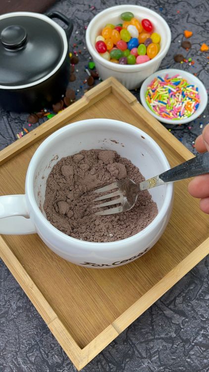 Step 1.1: In a microwave-safe mug, combine flour, brown sugar, cocoa powder, salt, baking powder, and instant coffee (if using)