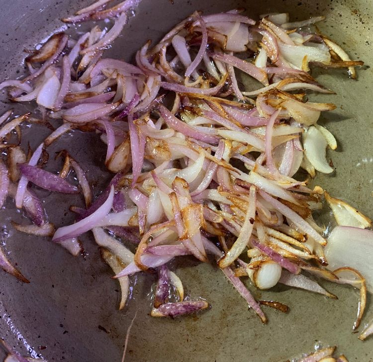 Step 1.1: Add sliced onions and fry until they are golden brown