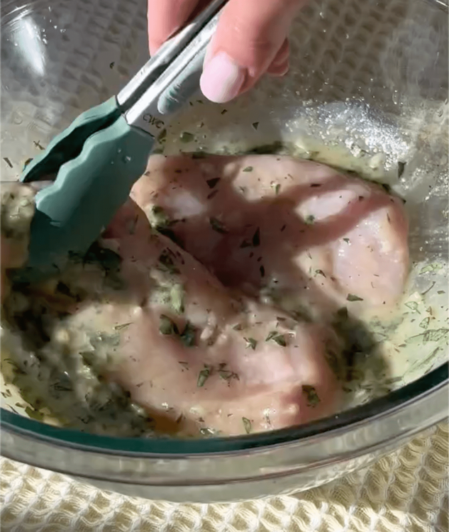 Step 1.1: Add the chicken breasts to the marinade, coat well, and let it marinate for at least 10 minutes or up to 4 hours