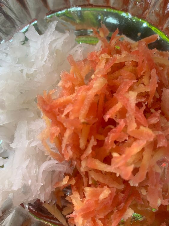 Step 1.1: Grate the radish and carrot, squeeze out excess water, and set them aside