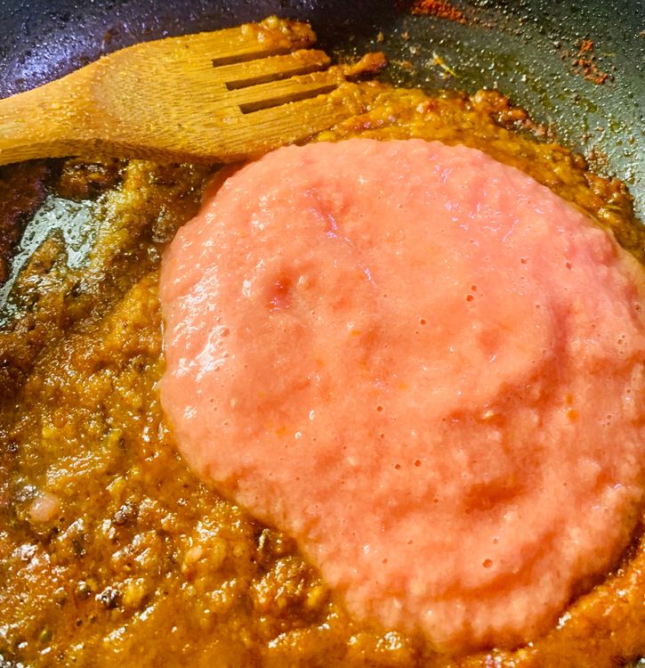 Step 4.1: Add tomato paste and cook for 3-4 minutes till oil releases to the surface and leaves the sides of the pan