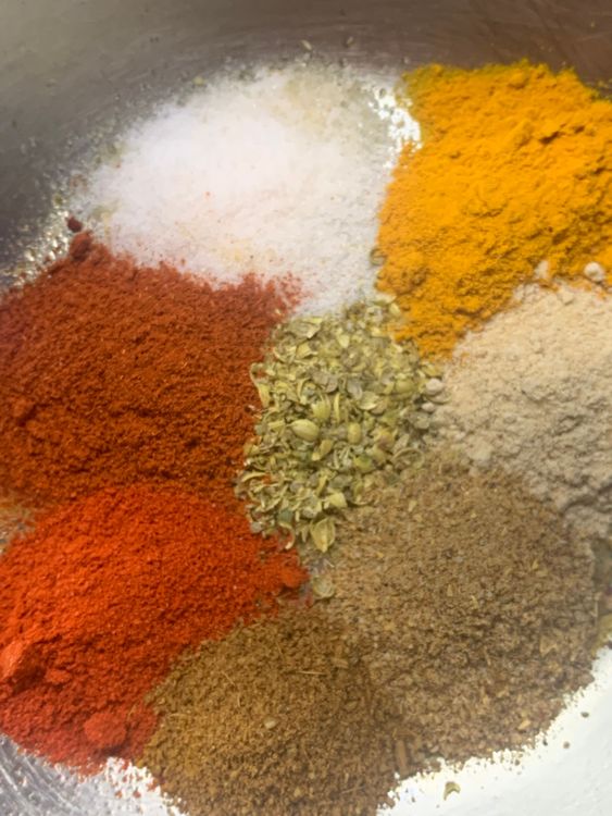 Step 1.1: Mix coriander powder, cumin powder, turmeric, dry mango powder (amchur), chat masala, salt, red chilli powder, and kashmiri red chilli powder in a bowl