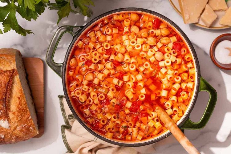 Step 6.1: Bring the liquid to a simmer, add ditalini pasta, and cook until the pasta is just tender