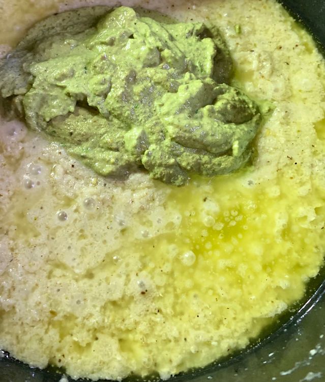 Step 4.1: Now add the pistachio puree and half a cup of water and cook for 3-4 minutes