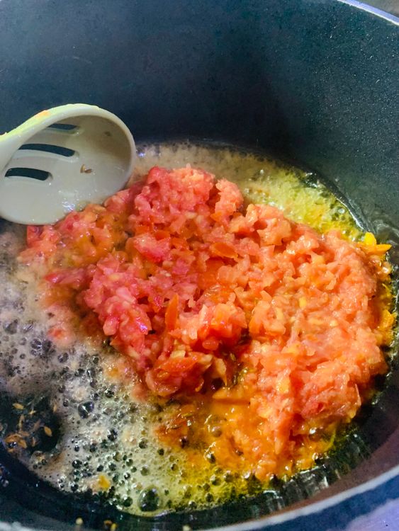 Step 3.1: Add tomatoes and cook for 3-4 minutes on high flame till mushy