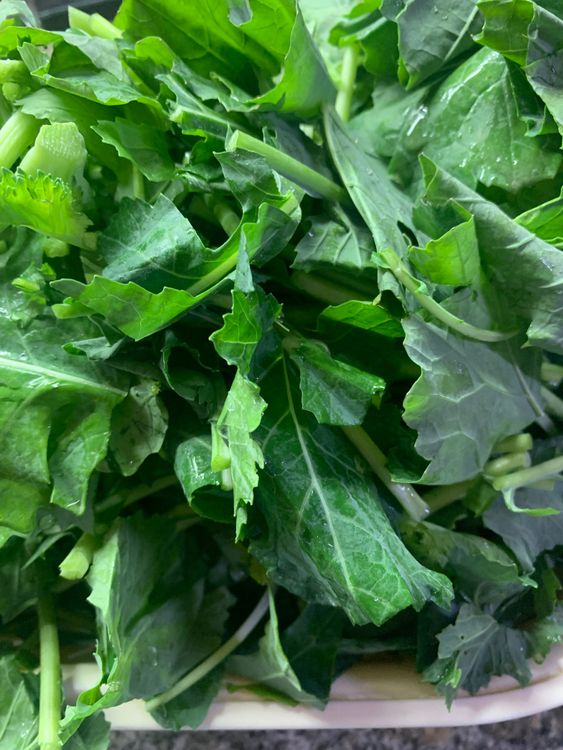 Step 1.1: Remove the hard stems from the bunch of mustard and spinach