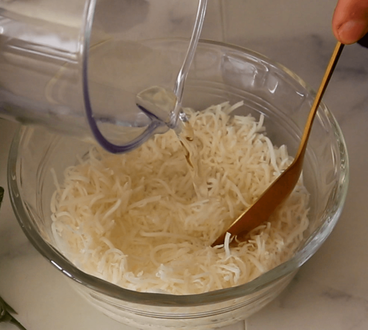 Step 1.1: If using store-bought shredded coconut, soak it in one-third cup water for 8-10 minutes to soften