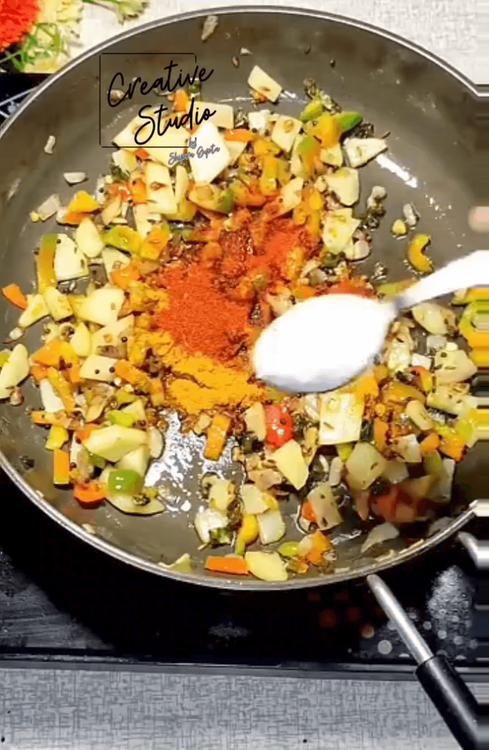 Step 1.1: Add turmeric powder, and red chili powder, and salt sauté for a few seconds