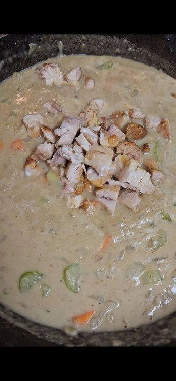 Step 2.2: Stir in lemon juice, salt, black pepper, chopped roasted chicken or turkey, and frozen green peas