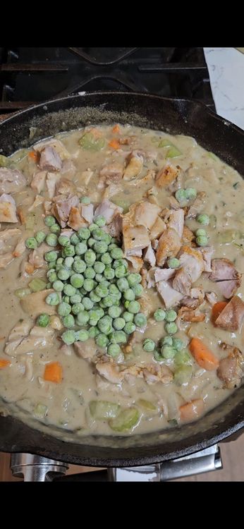 Step 2.1: Stir in lemon juice, salt, black pepper, chopped roasted chicken or turkey, and frozen green peas