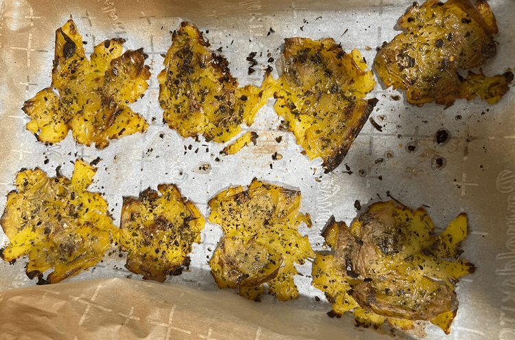 Step 1.1: Preheat the oven to 350 degrees Fahrenheit, and bake the potatoes for about 35 mins, switch sides in between when there is about 15 mins left