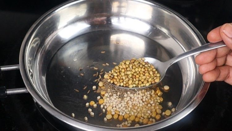 Step 1.4: Add chana dal, urad dal, coriander seeds, cumin seeds, methi, black pepper, and dried red chilies