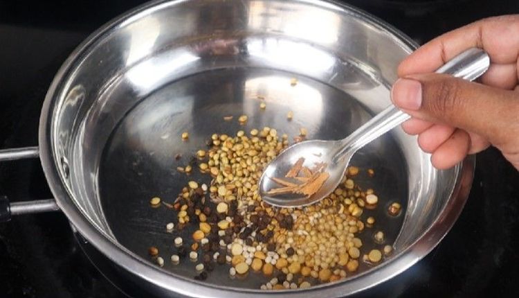 Step 1.7: Add chana dal, urad dal, coriander seeds, cumin seeds, methi, black pepper, and dried red chilies