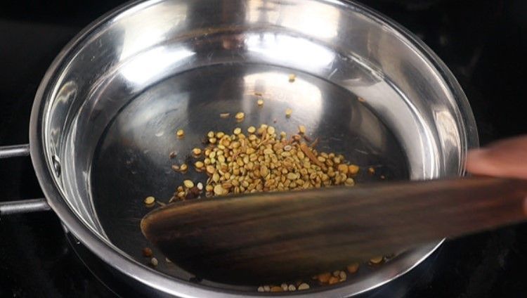 Step 1.8: Add chana dal, urad dal, coriander seeds, cumin seeds, methi, black pepper, and dried red chilies