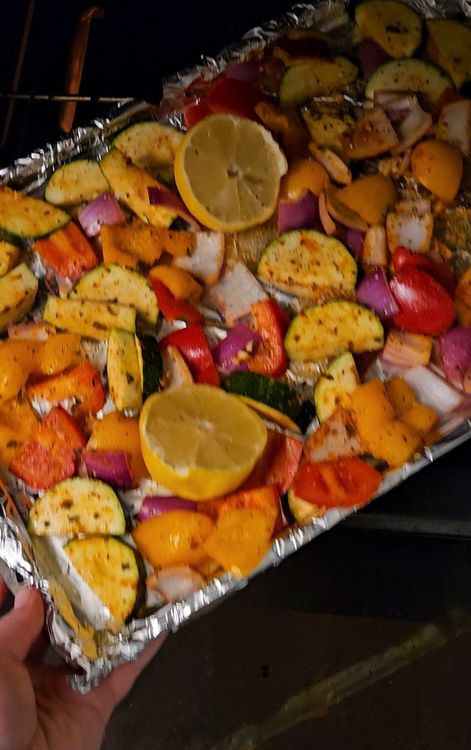 Step 3.1: Roast the marinated vegetables and lemon in the oven at 400 degrees Fahrenheit for about 30 minutes