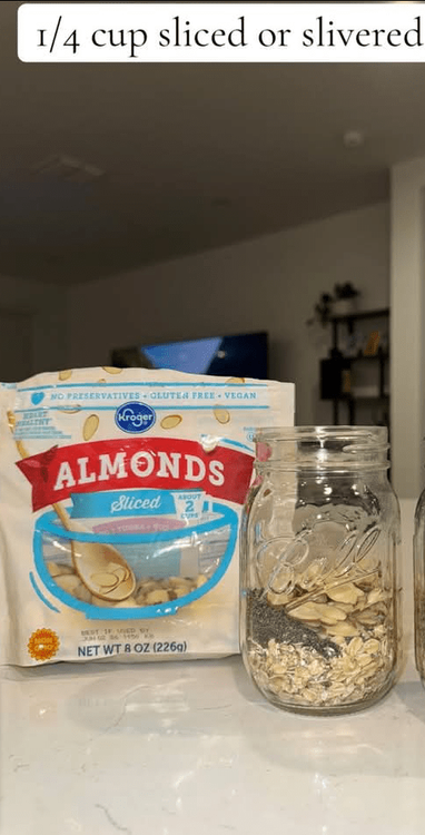Step 1.2: In a jar, add rolled oats, chia seeds, and sliced or slivered almonds