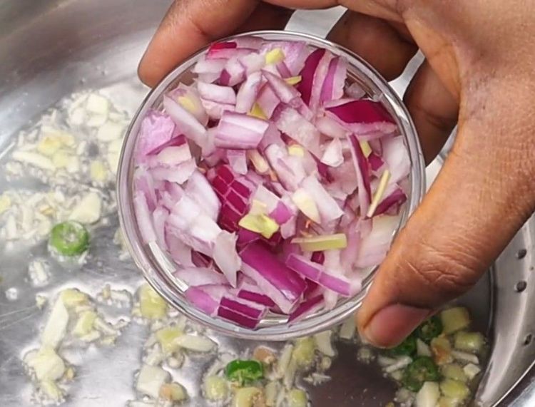 Step 2.1: Add finely chopped onion, carrot, sweet corn, green peas, and chopped beans