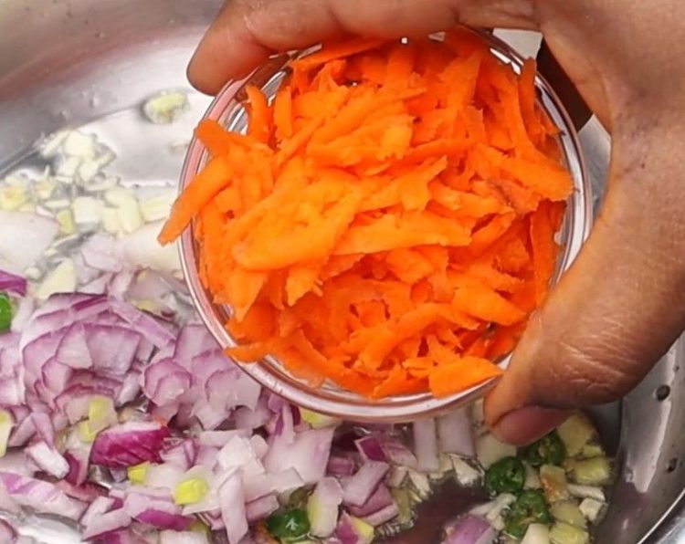 Step 2.2: Add finely chopped onion, carrot, sweet corn, green peas, and chopped beans