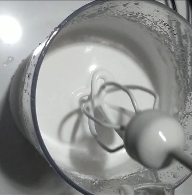 Step 1.1: On a separate bowl, whisk the chilled vegetable cream (I used Ever Whip Vegetable Cream here) until it forms soft peaks then gradually combine the soya milk