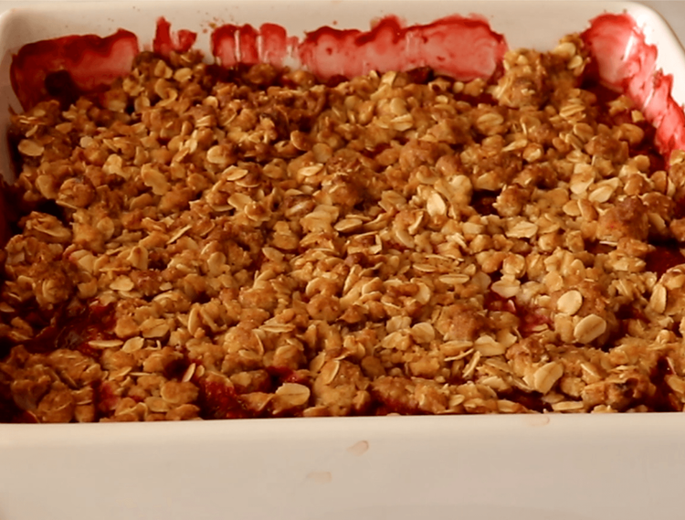 Step 3.1: Bake in the preheated oven for 35-40 minutes, or until the topping is golden brown and the strawberry syrup bubbles around the edges