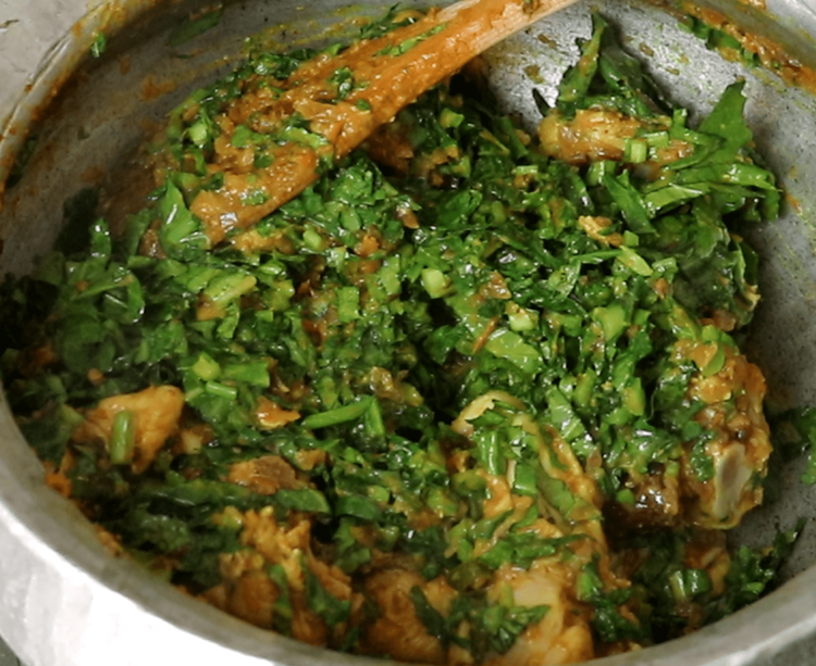 Step 4.2: Add the chopped mustard greens and stir