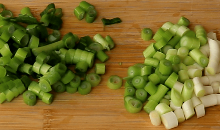 Step 2.1: Trim spring onions — finely chop the whites and greens separately (about 1/3 cup each)