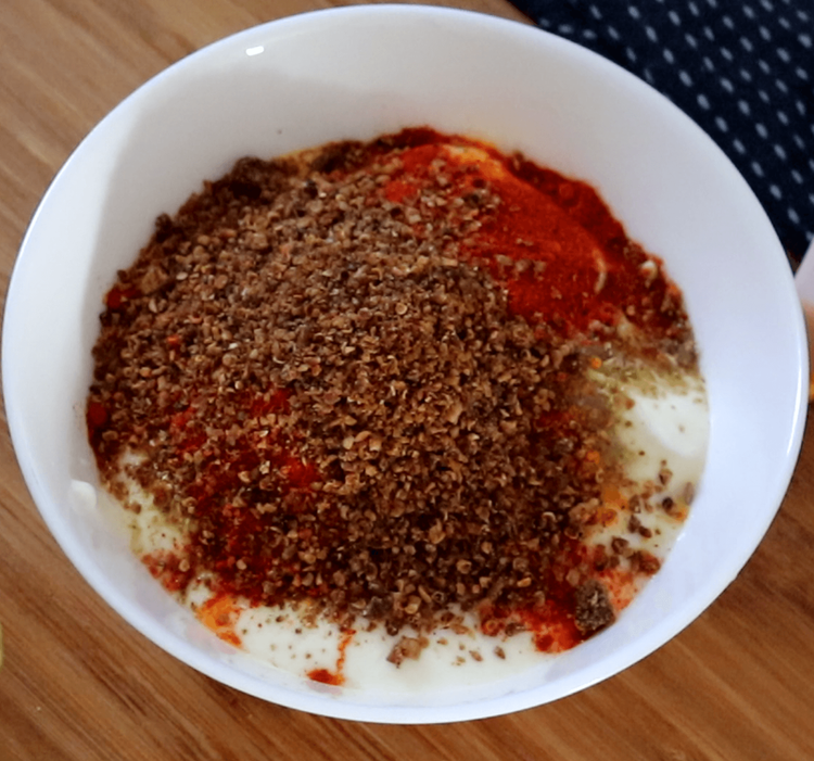 Step 1.1: In a bowl, whisk together curd, coriander powder, cumin powder, salt, turmeric powder, Kashmiri red chilli powder, and anardana powder until smooth
