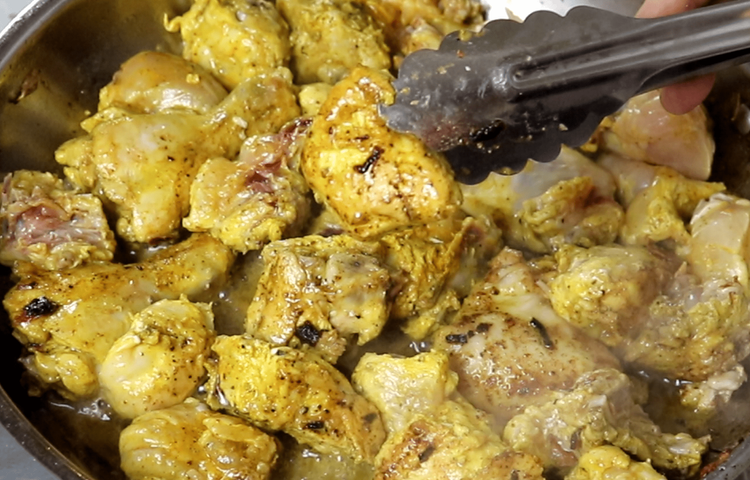 Step 3.1: In the same pan, place marinated chicken in a single layer (without stirring) and cook on high until browned
