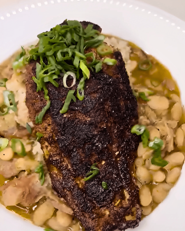 Creole Great Northern Beans with Smoked Meats and Blackened Catfish recipe