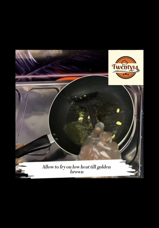 Step 1.9: In a pan, add some olive oil or butter on medium heat and fry your garlic till golden brown and chop to tiny bits

