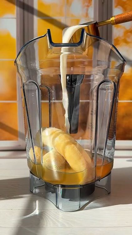 Step 1.1: Add the ripe bananas, avocado oil, egg, almond milk, and maple syrup to a blender