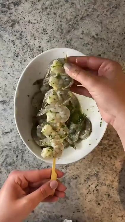 Step 1.1: Thread the shrimp onto skewers