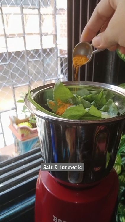 Step 1.2: In a mixie jar, add oats , gram flour, washed few Spinach leaves, salt and turmeric