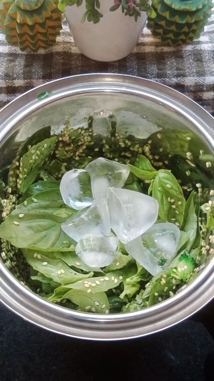 Step 1.1: Add ice cubes to maintain the temperature and green colour of the chutney
