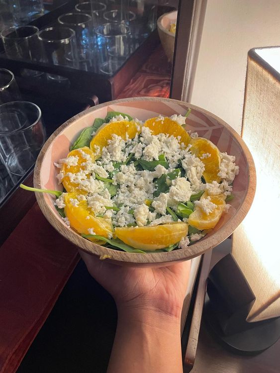 Spinach Salad with Sliced Malta, Walnuts & Feta Cheese recipe