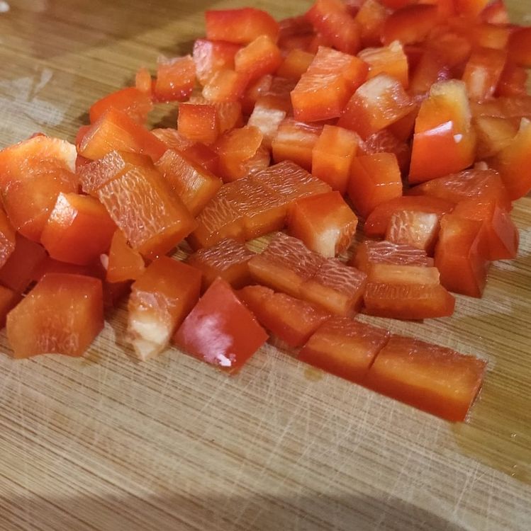 Step 1.1: Mix together tomatoes, cucumber, red onion, yellow pepper & red pepper