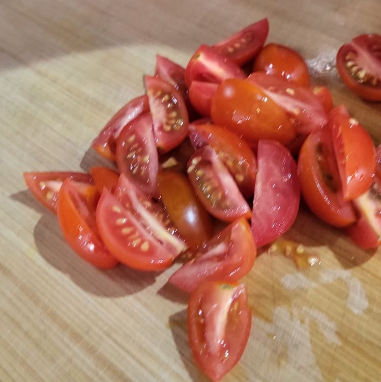 Step 1.2: Mix together tomatoes, cucumber, red onion, yellow pepper & red pepper