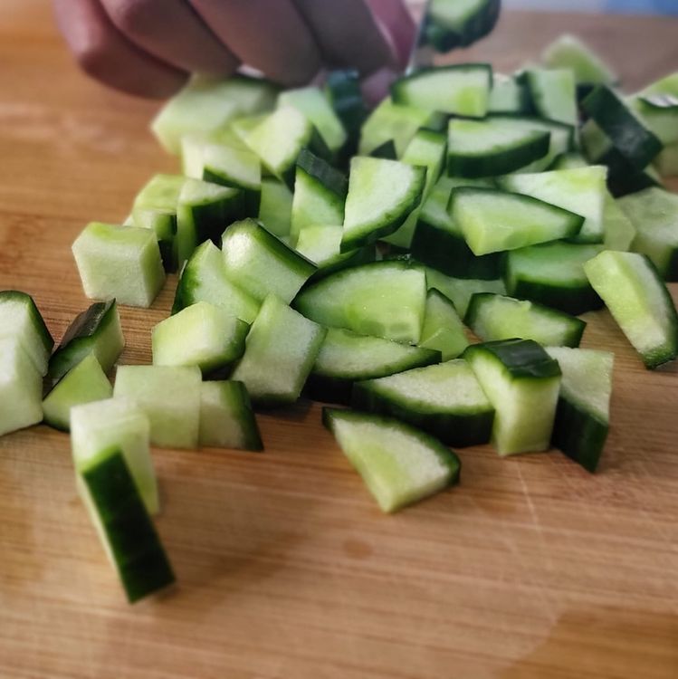 Step 1.4: Mix together tomatoes, cucumber, red onion, yellow pepper & red pepper