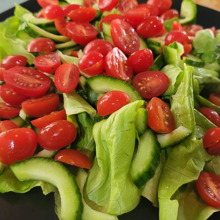 Step 1.1: Use a platter or shallow salad bowl & combine the butter lettuce, cucumber, cocktail Roma tomatoes & sundried tomatoes
