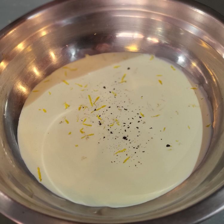 Step 3.2: Place the cream, lemon zest, juice, and salt and pepper into a mixing bowl, then whisk vigorously with a whisk until semi-thick