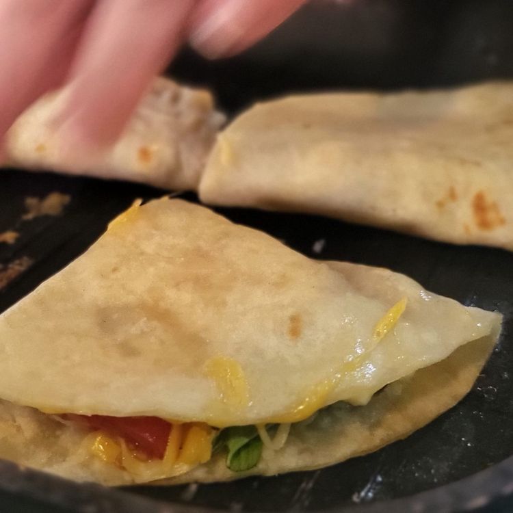 Step 1.2: Heat a griddle pan on low heat, then place your filled quesadillas on the griddle pan and cook until the cheese has melted