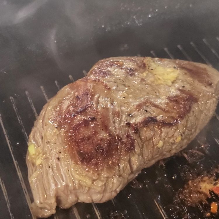 Step 1.1: Heat a griddle pan to smoking hot, add a little olive oil blend, then grill the steak on both sides